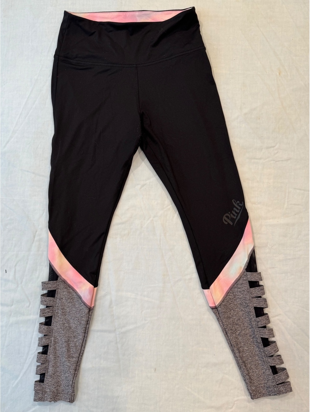 Victoria’s Secret PINK Ultimate Leggings M Black Gray Pastel Strappy Cutout